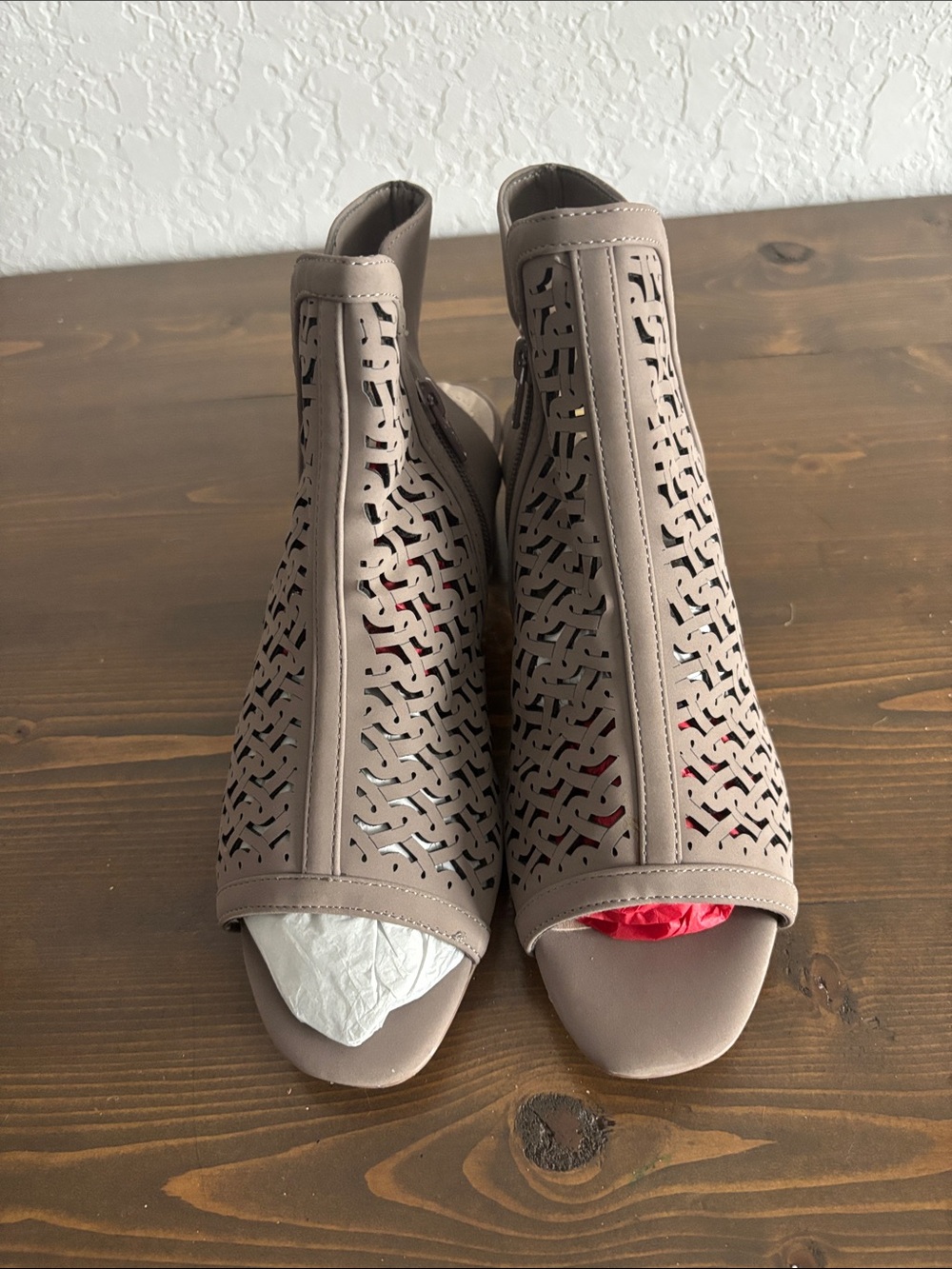 Taupe Women's Laser-Cut Peep-Toe Booties - Brand